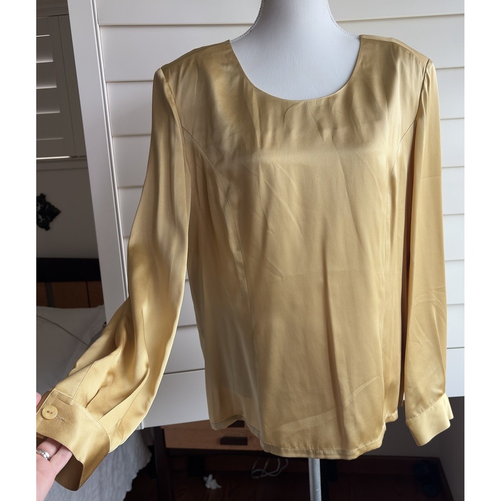 Vtg Barrie Pace 100% Silk Gold Blouse 18 Quiet Luxury Secretary Shoulder Pads